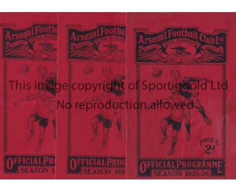 ARSENAL Three home programmes for the League matches in the season 1935/36 including v Birmingham 4/1/1936, pink ink stain in