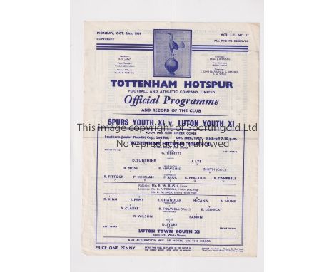 TOTTENHAM HOTSPUR      Single sheet programme for the home Southern Junior Floodlit Cup tie v Luton Town 26/10/1959, very sli