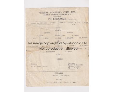 ARSENAL    Single sheet programme for the home London Challenge Cup tie v Wembley 8/10/1956, folded, slightly worn and minor 