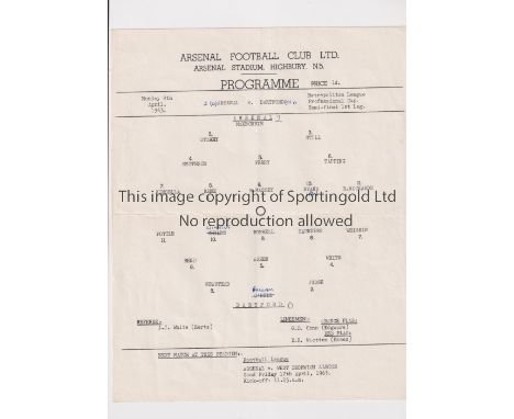 ARSENAL Single sheet programme for the home Metropolitan League Cup Semi-Final 1st Leg v Dartford 8/4/1963, horizontal fold, 
