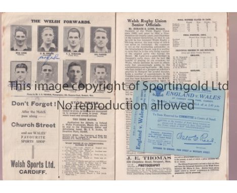 WALES V ENGLAND / RUGBY UNION 1930 / AUTOGRAPH        Programme and match ticket for the International match at Cardiff on 18
