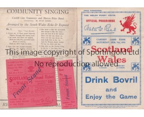 WALES V SCOTLAND / RUGBY UNION 1931      Programme, ticket with stub and Community song sheet for the International match at 