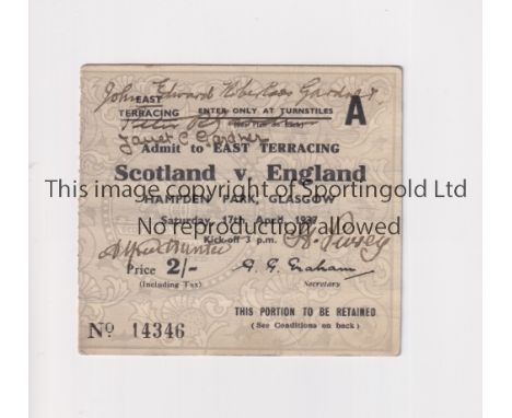SCOTLAND V ENGLAND 1937 / RECORD BRITISH ATTENDANCE     Ticket for the match at Hampden Park 17/4/1937 in front of a crowd of