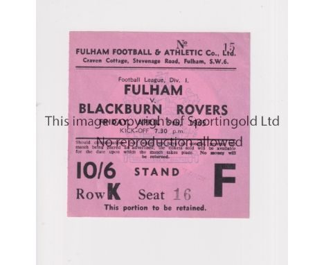 FULHAM V BLACKBURN ROVERS 1965      Ticket for the League match at Fulham 9/4/1965.     Good