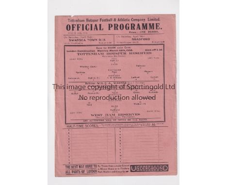 TOTTENHAM HOTSPUR   Single sheet programme for the home London Combination match v West Ham United 28/3/38, slightly creased 