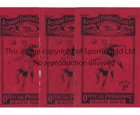 ARSENAL Three home programmes for the League matches in the season 1935/36 including v Preston North End 26/10/1935, Derby Co