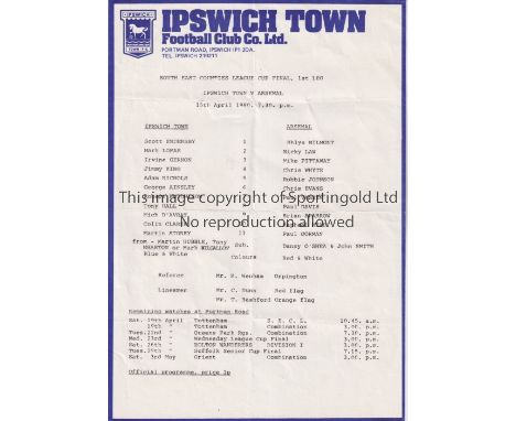 ARSENAL      Single sheet programme for the away South East Counties League Cup Final 1st leg v Ipswich Town 15/4/1980, sligh