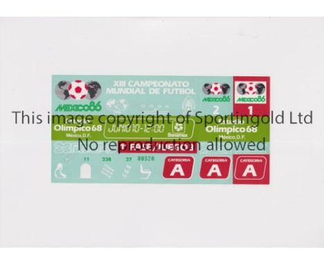 1986 WORLD CUP      Unused ticket for Argentina v Bulgaria 10/6/1986 at the Olympic 68 Stadium. Staple holes on the left     