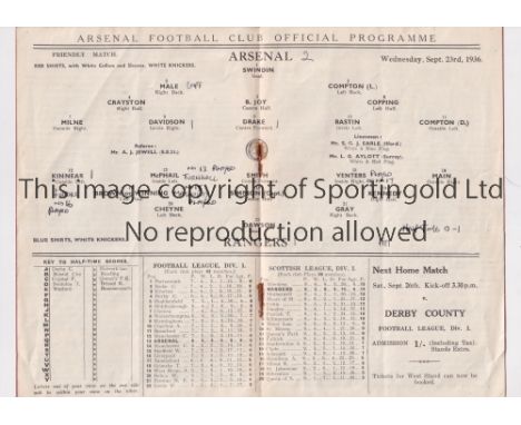ARSENAL V GLASGOW RANGERS 1936     Programme for the Friendly at Highbury 23/9/1936, slightly creased, team changes and score