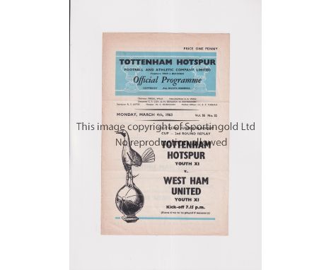 TOTTENHAM HOTSPUR      Single sheet programme for the home Southern Junior Floodlit Cup Replay v West Ham United 4/3/1963, ve