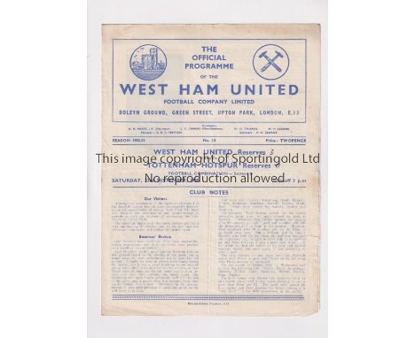 TOTTENHAM HOTSPUR      Programme for the away Football Combination match v West Ham United 23/9/1950, slightly creased, score