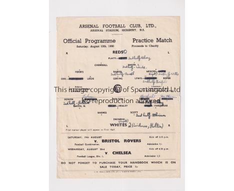 ARSENAL     Single sheet programme for the Public Practice match 12/8/1950, slightly creased, scores entered and team changes