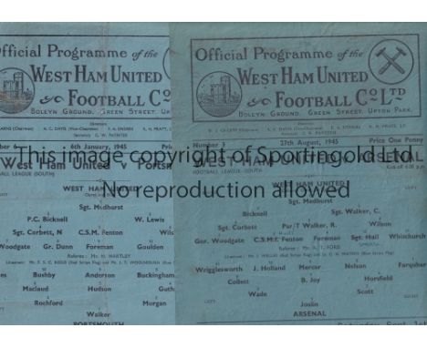 WEST HAM UNITED          Two home single sheet programmes for the FL South matches v Portsmouth 6/1/1945, creased and Arsenal