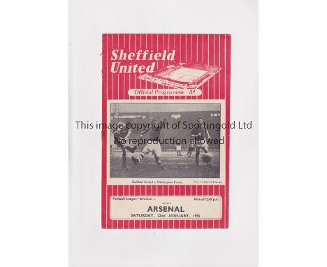 SHEFFIELD UNITED V ARSENAL 1955 POSTPONED     Programme for the League match scheduled 22/1/1955, rusty staple and slightly w