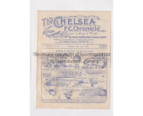 CHELSEA  V ARSENAL 1933 / LEAGUE CHAMPIONSHIP DECIDER    Programme for the match at Chelsea 22/4/1933, horizontal creases, ru