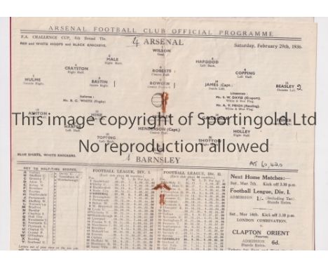 ARSENAL     Programme for the home FA Cup tie v Barnsley 29/2/1936 in the year Arsenal won the cup. Vertical crease and rusty