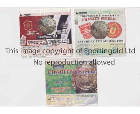 MANCHESTER UNITED       Three tickets for the Charity Shield matches at Wembley v Arsenal 7/8/1993, Newcastle 11/8/1996 and C
