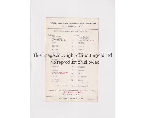 ARSENAL Single card programme for the home Metropolitan League Cup Semi-Final v West Ham United 8/4/1967, slight horizontal c