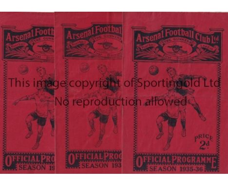 ARSENAL Three home programmes for the League matches in the season 1935/36 including v Birmingham 4/1/1936, Stoke City 1/2/19