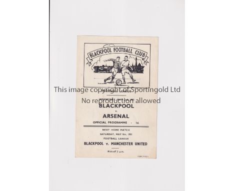 BLACKPOOL V ARSENAL 1951      Single card programme for the League match at Blackpool 2/5/1951.    Good