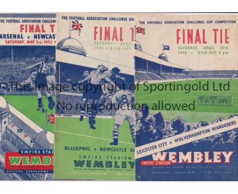 FA CUP FINAL PROGRAMMES     Three programmes 1949, Wolves v Leicester, minor tear, 1951 Newcastle v Blackpool, slightly creas