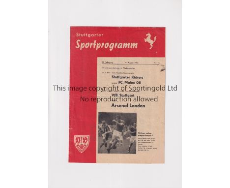 ARSENAL     Programme for the away Friendly v VfB Stuttgart 4/8/1956, creased.    Generally good