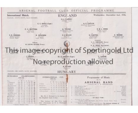 ENGLAND V HUNGARY 1946 AT ARSENAL F.C.     Programme for the International at Highbury 2/12/1936, slight vertical crease.    