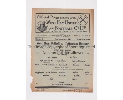 WEST HAM V TOTTENHAM HOTSPUR 1942       Single sheet programme for the War League match at Upton Park 19/9/1942, minor paper 