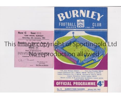BURNLEY V QPR 1962 FA CUP       Programme and ticket for the tie at Burnley 6/1/1962.     Good