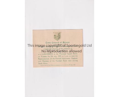 1929 ENGLAND F.A. TOUR       Luncheon Invitation Ticket issued to Malcolm Taylor which was held 9th July 1929 at Municipal Su