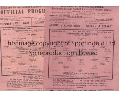 TOTTENHAM HOTSPUR         Two single sheet programmes for the home FL Cup tie v QPR 3/2/1945, and the FL South match v Arsena