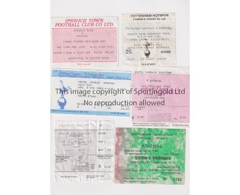 ARSENAL / TICKETS     Six away tickets for season 1983/4 v Ipswich, Tottenham League and League Cup, QPR, Southampton and Wat