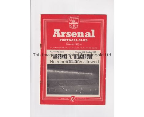 1953 F.A. CHARITY SHIELD / ARSENAL V BLACKPOOL       Programme for the match at Highbury 12/10/1953, slight creases and rusty