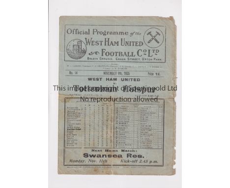 TOTTENHAM HOTSPUR       Programme for the away League match v West Ham United 9/11/1935, folded, minor tears and minor wear o