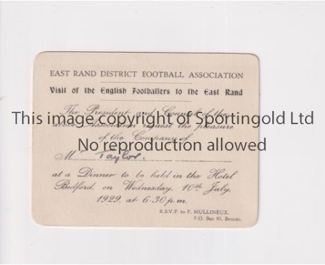 1929 ENGLAND F.A. TOUR      Luncheon Invitation Ticket to Malcolm Taylor held 10th July 1929 at Hotel Bedford, Benoni, South 