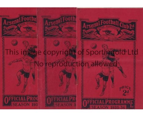 ARSENAL Three home programmes for the League matches in the season 1935/36 including v Sunderland 31/8/1935, Manchester City 