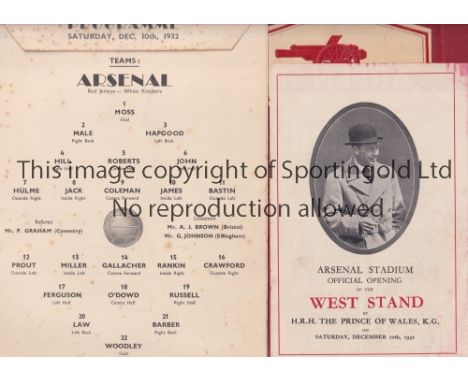 ARSENAL V CHELSEA 1932 / OPENING OF THE WEST SAND AT HIGHBURY     Red cover brochure and 4 page programme for the League matc