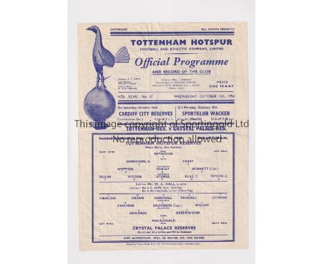 TOTTENHAM HOTSPUR      Single sheet programme for the home Football Combination Cup tie v Crystal Palace 13/10/1954, slightly