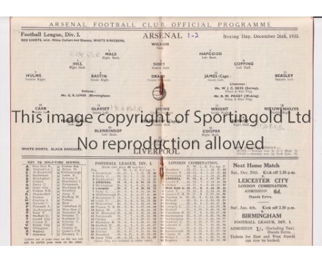 ARSENAL V LIVERPOOL 1935     Programme for the League match at Arsenal 26/12/1935, slight vertical crease.     Generally good