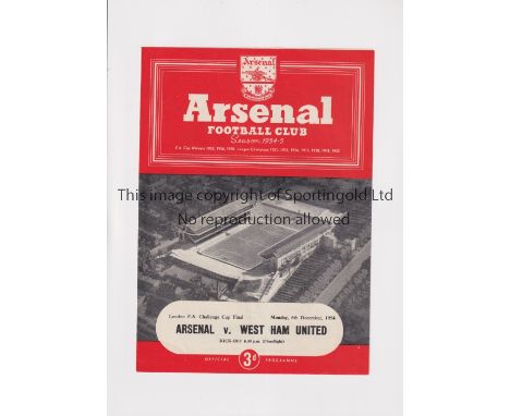 1954 LONDON CHALLENGE CUP FINAL / ARSENAL V WEST HAM UNITED     Programme for the match at Highbury 6/12/1954.    Good