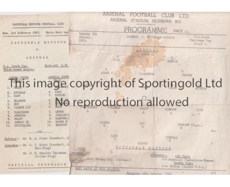 ARSENAL V TOTTENHAM HOTSPUR 1965      Two single programmes for FA Youth Cup ties in season 1964/5: at Arsenal 5/1/1965, fold