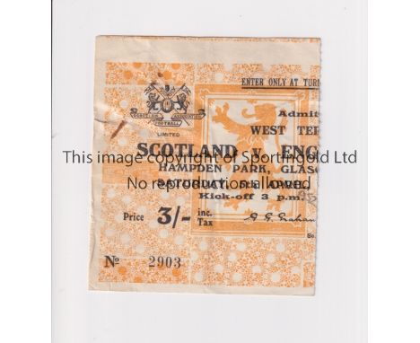 SCOTLAND V ENGLAND 1952     Ticket for the match at Hampden Park 5/4/1952, slightly creased and pin holes.     Generally good