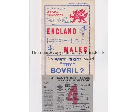 WALES V ENGLAND / RUGBY UNION 1938         Programme and ticket for the International match at Cardiff on 15/1/1938, ticket i