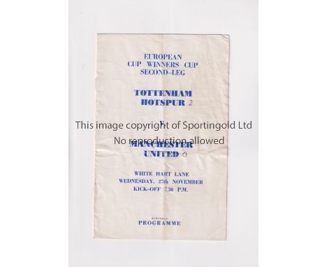 TOTTENHAM HOTSPUR V MANCHESTER UNITED / ECWC 1963         A Pirate Programme for the ECWC 2nd leg tie at Tottenham 27/11, yea