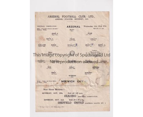 ARSENAL      Single sheet programme for the home Football Combination match v Norwich City 23/10/1946, paper replacement and 