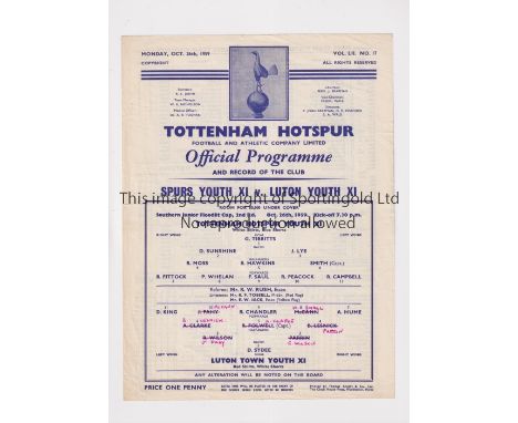 TOTTENHAM HOTSPUR      Single sheet programme for the home Southern Junior Floodlit Cup tie v Luton Town 26/10/1959, team cha