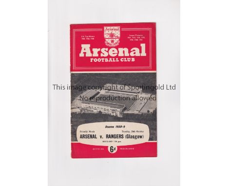ARSENAL V GLASGOW RANGERS 1958 POSTPONED      Programme for the Friendly at Highbury scheduled for 28/10/1958.    Good