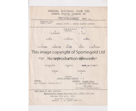 ARSENAL     Single sheet programme for the home Youth Team Friendly v London Grammar Schools 27/4/1961, scores entered.     G