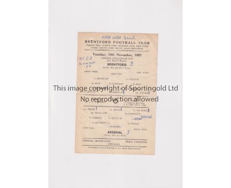 ARSENAL     Small single sheet programme for the away London Challenge Cup tie v Brentford 19/11/1957, slightly creased, team