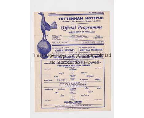 1957 SJFC SEMI-FINAL / TOTTENHAM HOTSPUR V CHELSEA     Single sheet programme for the tie at Tottenham 18/3/1957, slightly cr